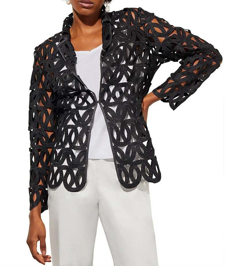 Ming Wang Novelty Woven Geo Circle Cutout Lapel Collar Long Sleeve Jacket
