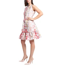 Ming Wang Novelty Woven Jacquard Polka Dot Crew Neck Sleeveless A-line Belted Sheath Dress