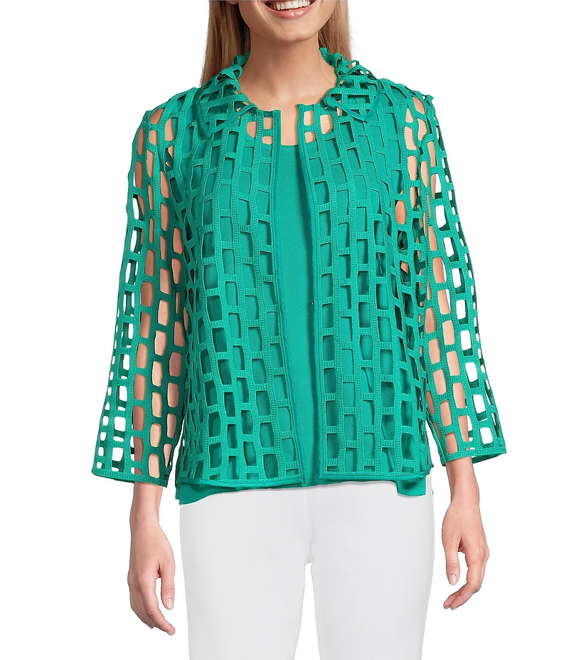 Ming Wang Novelty Woven Square Geo Cutout Spread Collar 3/4 Sleeve Jacket