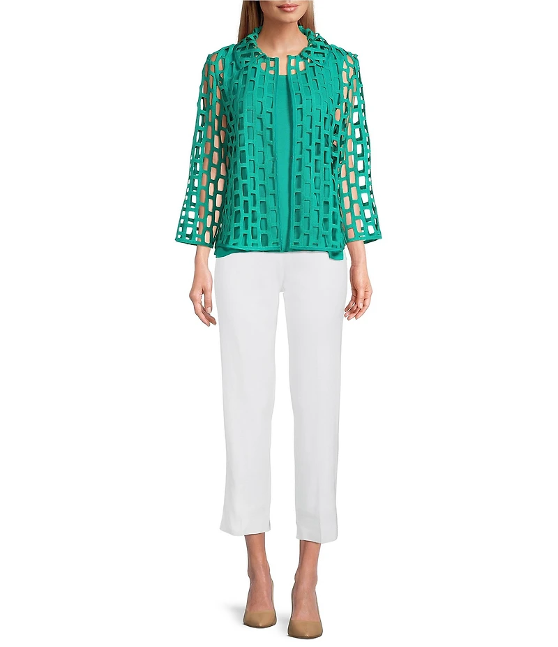 Ming Wang Novelty Woven Square Geo Cutout Spread Collar 3/4 Sleeve Jacket