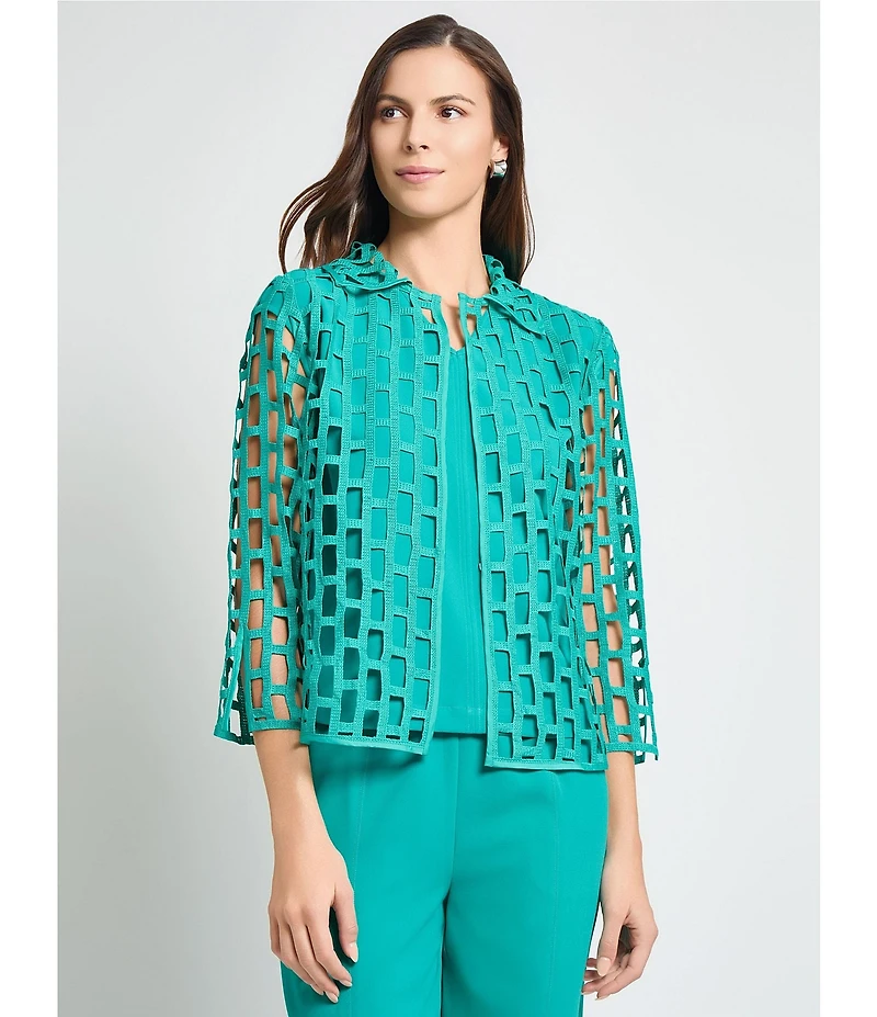 Ming Wang Novelty Woven Square Geo Cutout Spread Collar 3/4 Sleeve Jacket