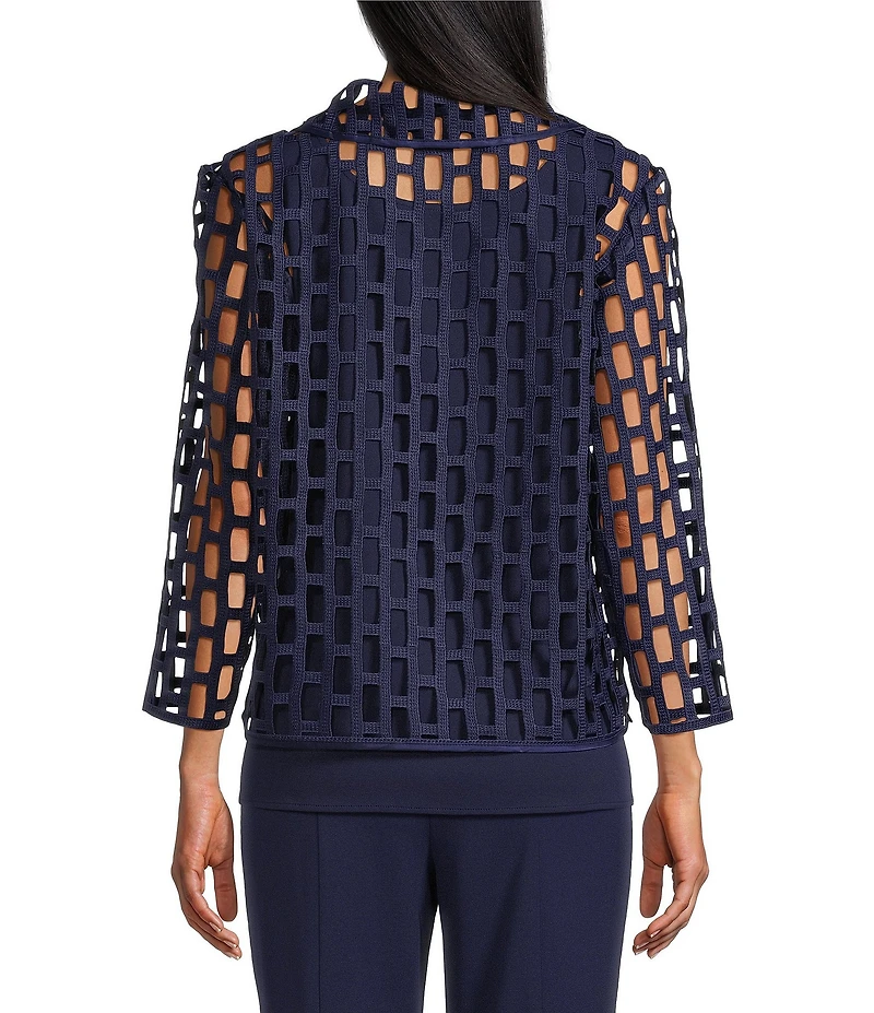 Ming Wang Novelty Woven Square Geo Cutout Spread Collar 3/4 Sleeve Jacket
