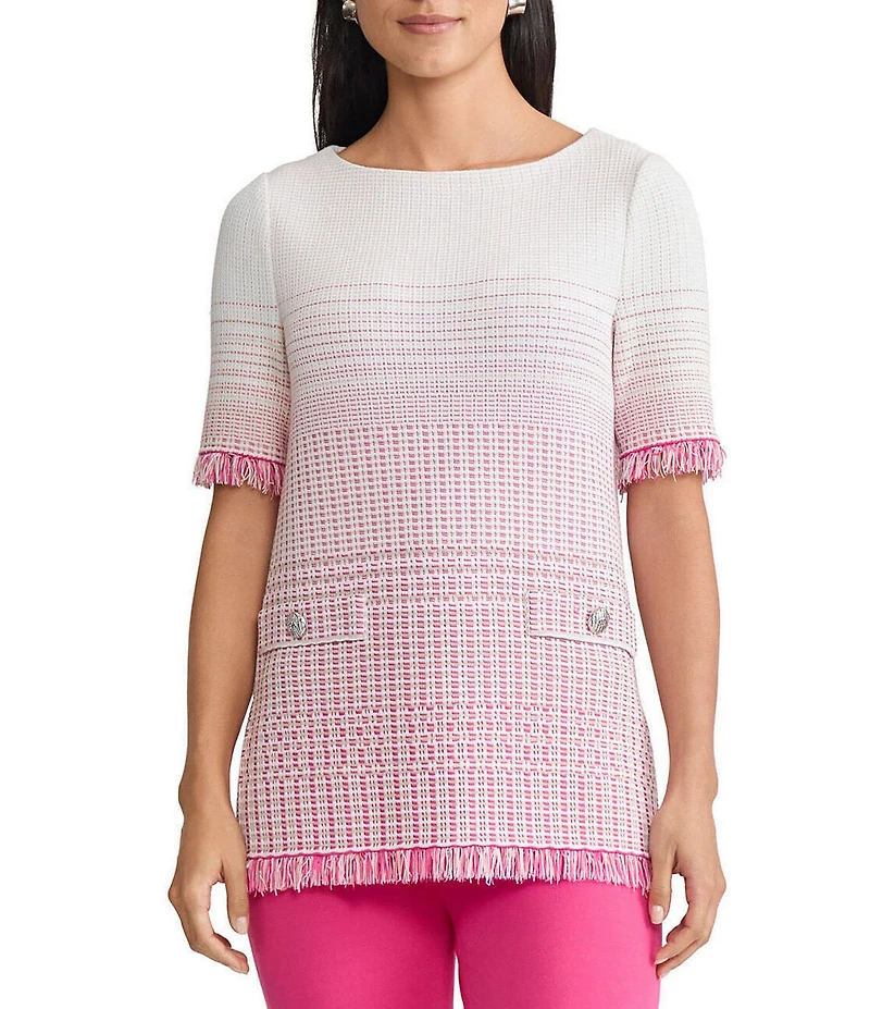 Ming Wang Ombre Fringe Trim Jacquard Knit Boat Neck Short Sleeve Tunic