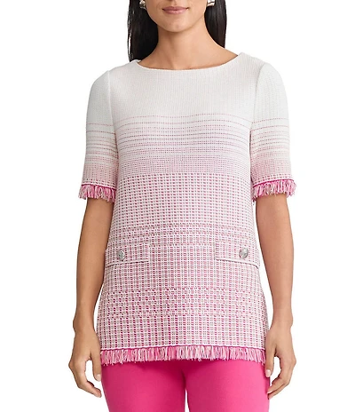 Ming Wang Ombre Fringe Trim Jacquard Knit Boat Neck Short Sleeve Tunic