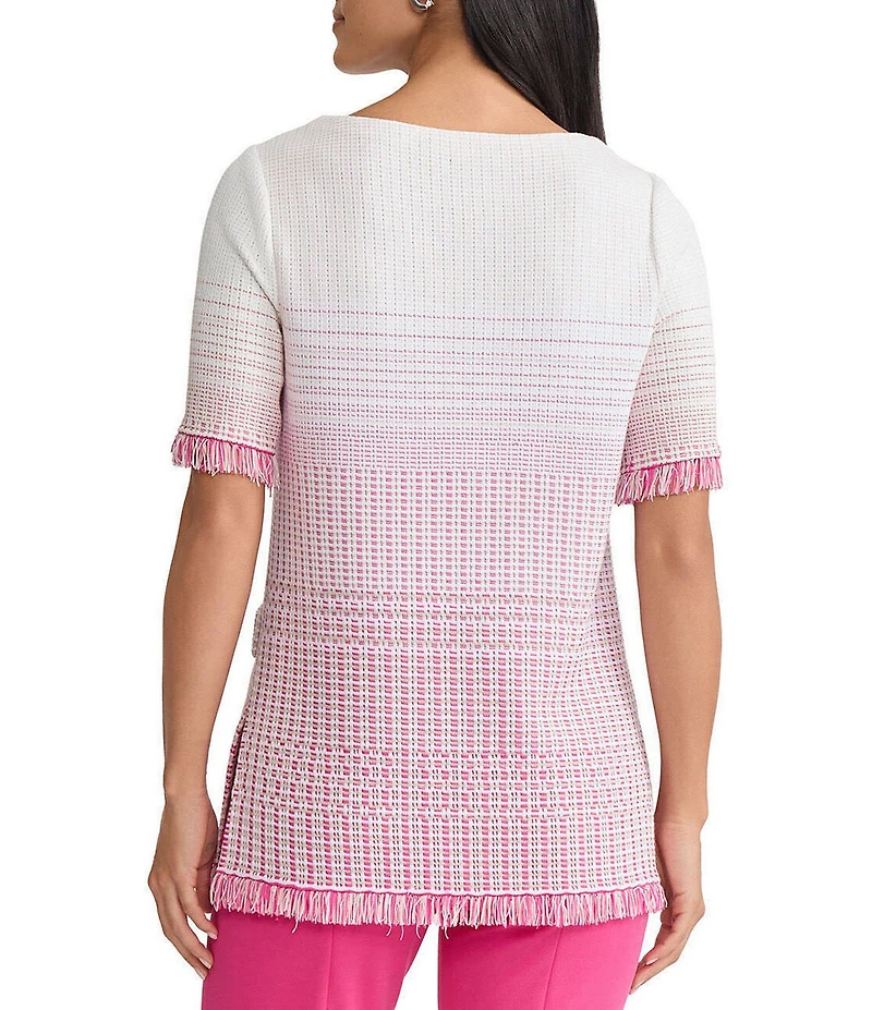 Ming Wang Ombre Fringe Trim Jacquard Knit Boat Neck Short Sleeve Tunic