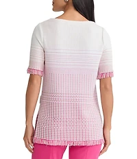 Ming Wang Ombre Fringe Trim Jacquard Knit Boat Neck Short Sleeve Tunic
