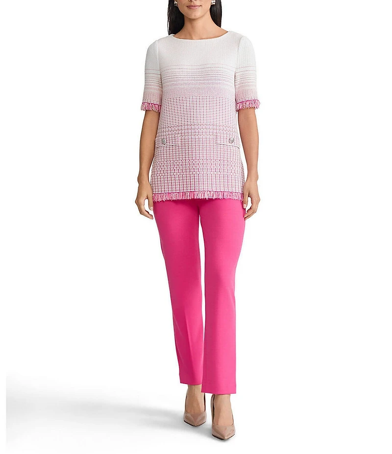 Ming Wang Ombre Fringe Trim Jacquard Knit Boat Neck Short Sleeve Tunic