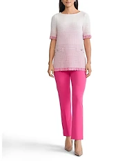 Ming Wang Ombre Fringe Trim Jacquard Knit Boat Neck Short Sleeve Tunic