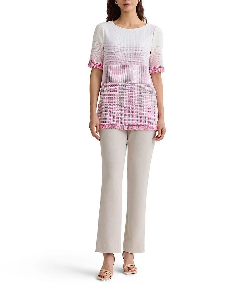 Ming Wang Ombre Fringe Trim Jacquard Knit Boat Neck Short Sleeve Tunic