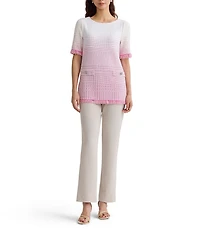 Ming Wang Ombre Fringe Trim Jacquard Knit Boat Neck Short Sleeve Tunic