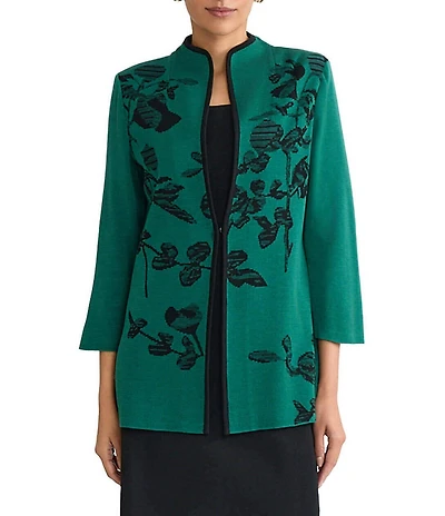 Ming Wang Petite Amica Floral Jacquard Knit Mandarin Collar Bracelet Sleeve Jacket