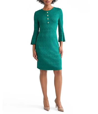 Ming Wang Petite Aria Tonal Multi-Stitch Round Neck 3/4 Flare Sleeve Sheath Dress