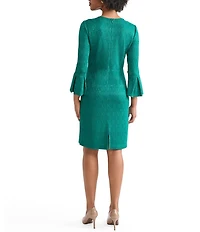 Ming Wang Petite Aria Tonal Multi-Stitch Round Neck 3/4 Flare Sleeve Sheath Dress