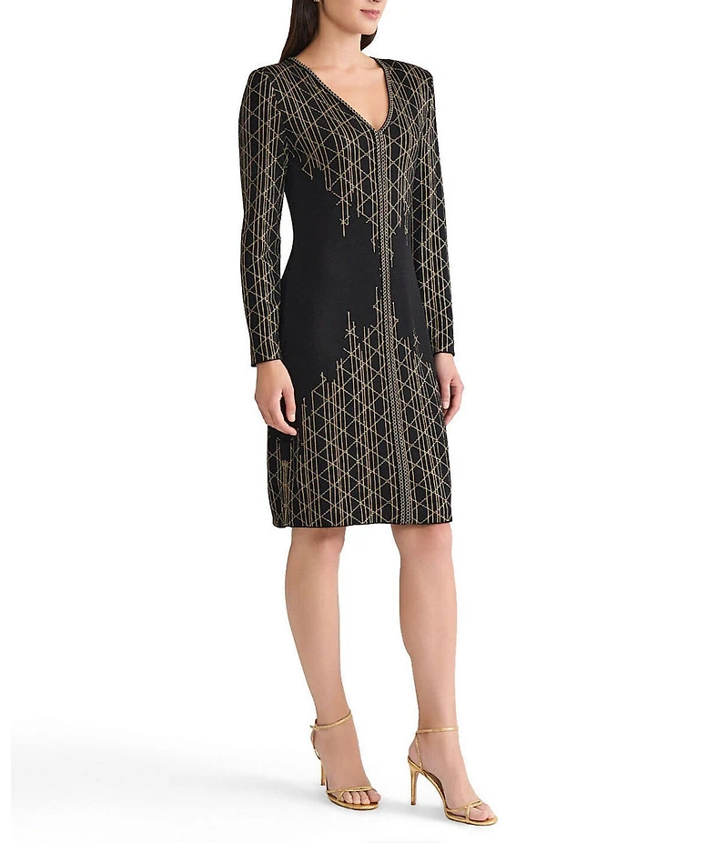 Ming Wang Petite Art Deco Lurex Knit V-Neck Long Sleeve Dress