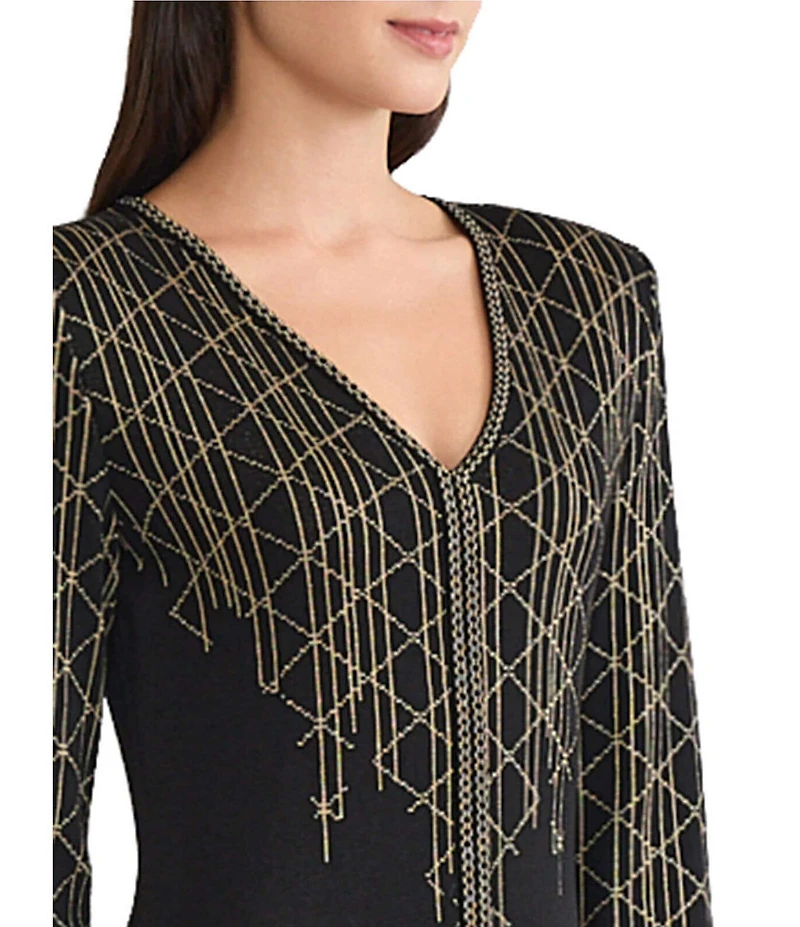 Ming Wang Petite Art Deco Lurex Knit V-Neck Long Sleeve Dress