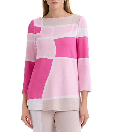 Ming Wang Petite Colorblock Jacquard Boat Neck Bracelet Sleeve Tunic