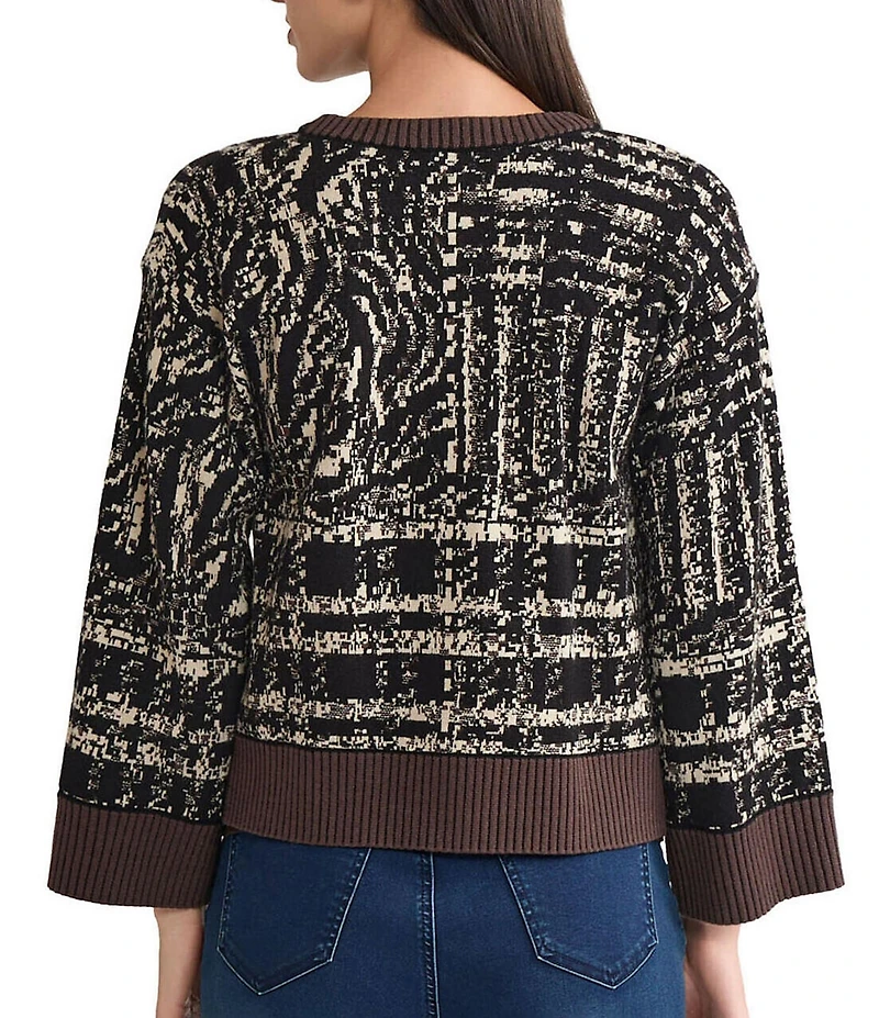 Ming Wang Petite Contrast Cozy Knit Round Neck Bracelet Flare Sleeve Cardigan