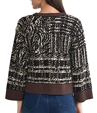 Ming Wang Petite Contrast Cozy Knit Round Neck Bracelet Flare Sleeve Cardigan
