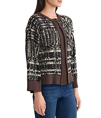Ming Wang Petite Contrast Cozy Knit Round Neck Bracelet Flare Sleeve Cardigan
