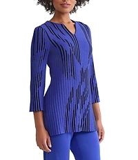 Ming Wang Petite Dual-Tone Soft Knit Split V-Neck 3/4 Sleeve Tunic