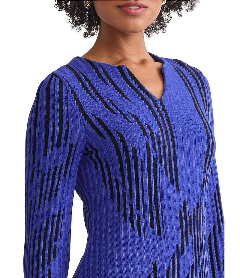 Ming Wang Petite Dual-Tone Soft Knit Split V-Neck 3/4 Sleeve Tunic