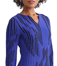 Ming Wang Petite Dual-Tone Soft Knit Split V-Neck 3/4 Sleeve Tunic