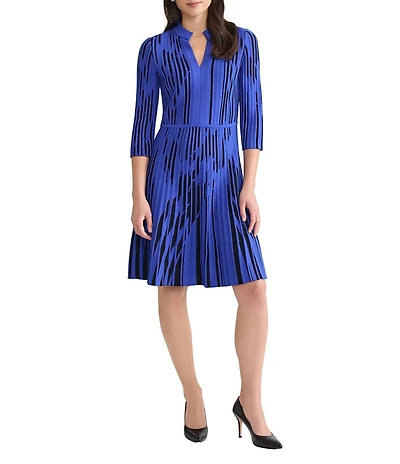 Ming Wang Petite Dual-Toned Soft Knit Split V-Neck 3/4 Sleeve Dress