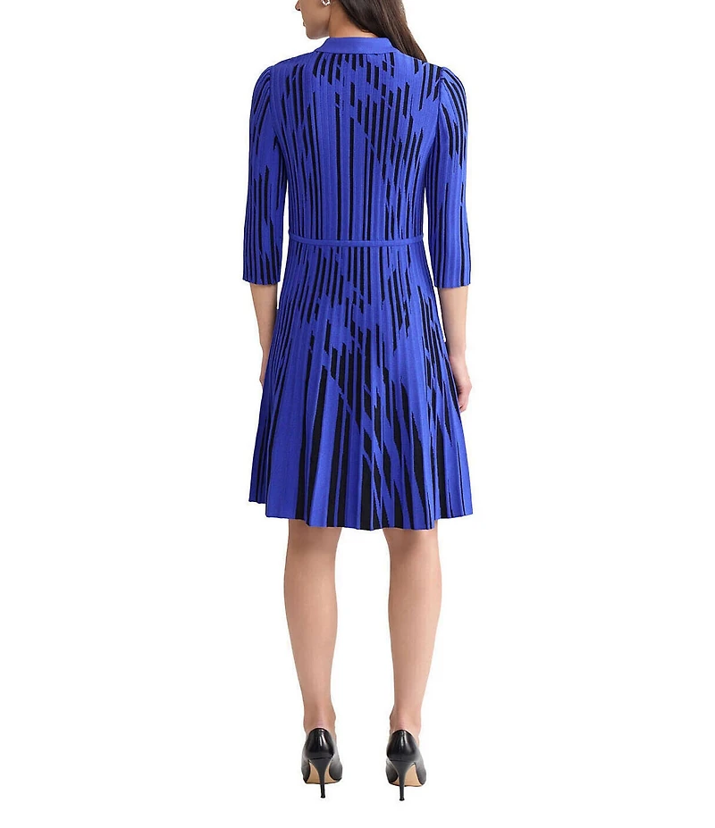 Ming Wang Petite Dual-Toned Soft Knit Split V-Neck 3/4 Sleeve Dress