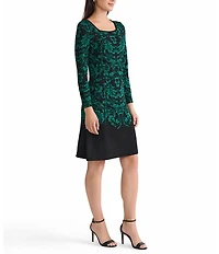 Ming Wang Petite Filigree Jacquard Soft Knit Square Neck Long Sleeve Dress