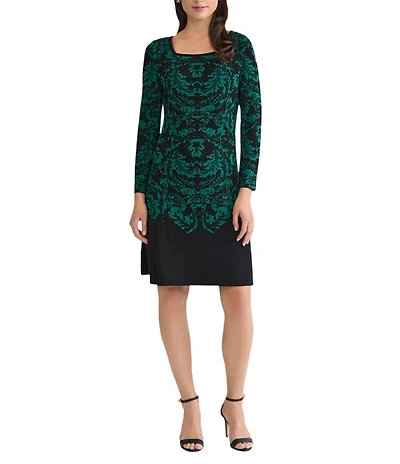 Ming Wang Petite Filigree Jacquard Soft Knit Square Neck Long Sleeve Dress