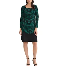Ming Wang Petite Filigree Jacquard Soft Knit Square Neck Long Sleeve Dress
