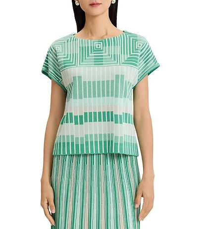 Ming Wang Petite Geometric Jacqaurd Soft Knit Boat Neck Short Sleeve Top