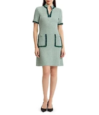 Ming Wang Petite Jacquard Basketweave Knit Stand Collar V-Neck Short Sleeve Fringe Trim Dress