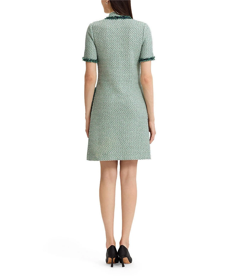 Ming Wang Petite Jacquard Basketweave Knit Stand Collar V-Neck Short Sleeve Fringe Trim Dress