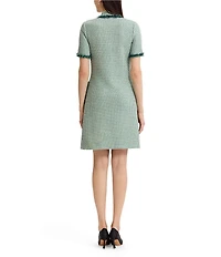 Ming Wang Petite Jacquard Basketweave Knit Stand Collar V-Neck Short Sleeve Fringe Trim Dress