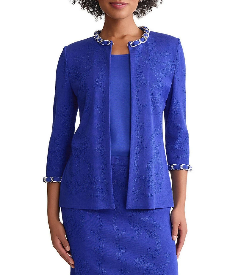 Ming Wang Petite Knit Chain Crew Neck 3/4 Sleeve Ribbon Chain Trim Jacket