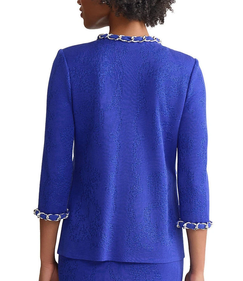 Ming Wang Petite Knit Chain Crew Neck 3/4 Sleeve Ribbon Chain Trim Jacket