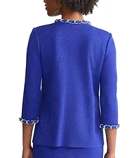 Ming Wang Petite Knit Chain Crew Neck 3/4 Sleeve Ribbon Chain Trim Jacket