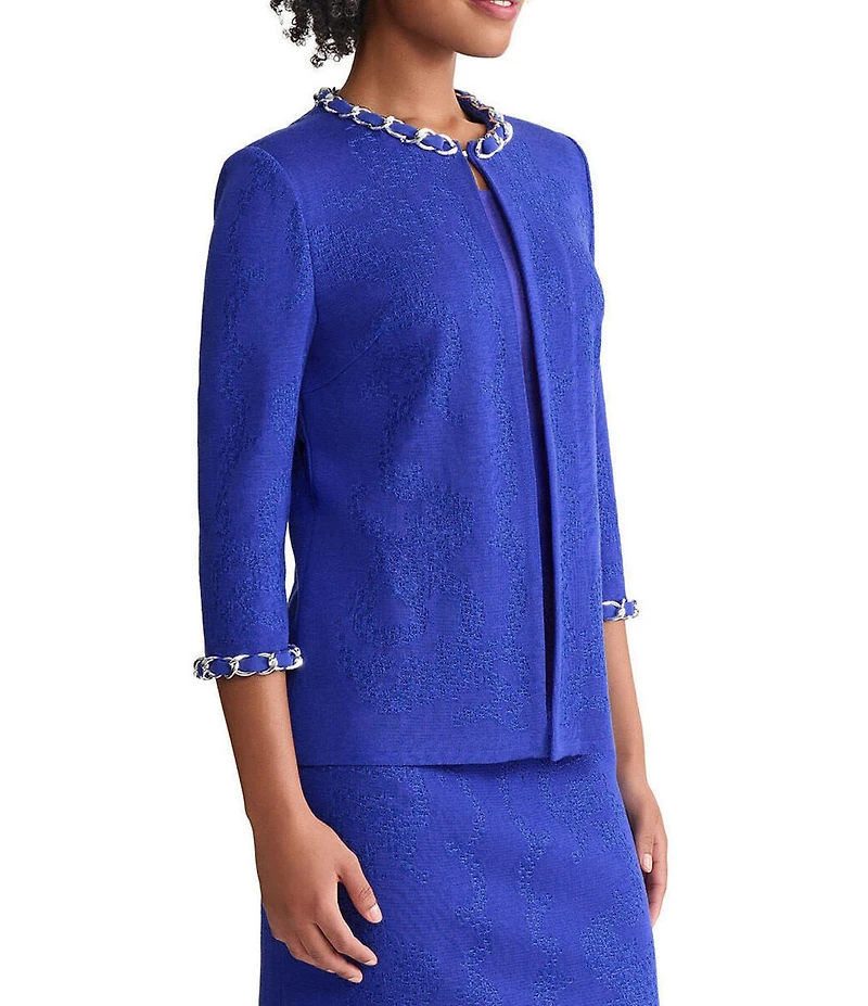 Ming Wang Petite Knit Chain Crew Neck 3/4 Sleeve Ribbon Chain Trim Jacket