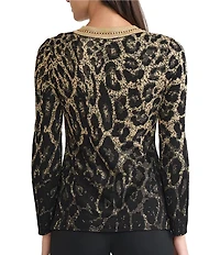 Ming Wang Petite Lurex Leopard Print Jacquard V-Neck Long Sleeve Tunic