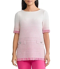 Ming Wang Petite Ombre Fringe Trim Jacquard Knit Boat Neck Short Sleeve Tunic