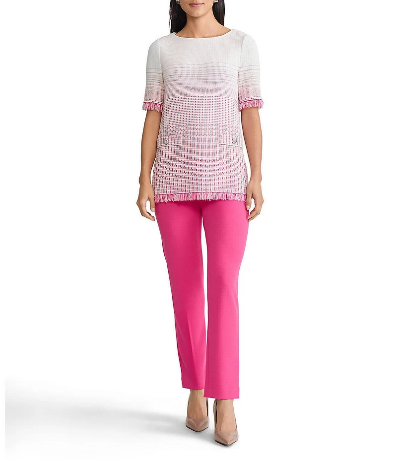 Ming Wang Petite Ombre Fringe Trim Jacquard Knit Boat Neck Short Sleeve Tunic