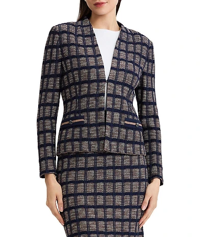 Ming Wang Petite Size Checkered Print Knit Modified Mandarin Collar Long Sleeve Coordinating Jacket