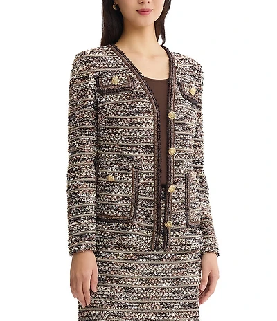 Ming Wang Petite Size Eyelash Tweed Multicolored Long Sleeve Button-Front Coordinating Jacket