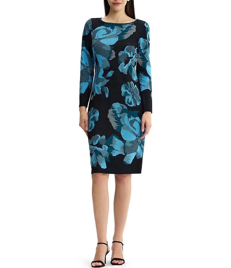 Ming Wang Petite Size Floral Jacquard Knit Boat Neck Long Sleeve Sheath Dress