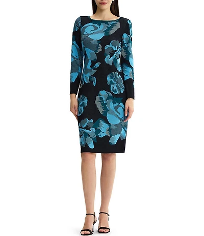 Ming Wang Petite Size Floral Jacquard Knit Boat Neck Long Sleeve Sheath Dress