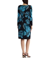 Ming Wang Petite Size Floral Jacquard Knit Boat Neck Long Sleeve Sheath Dress