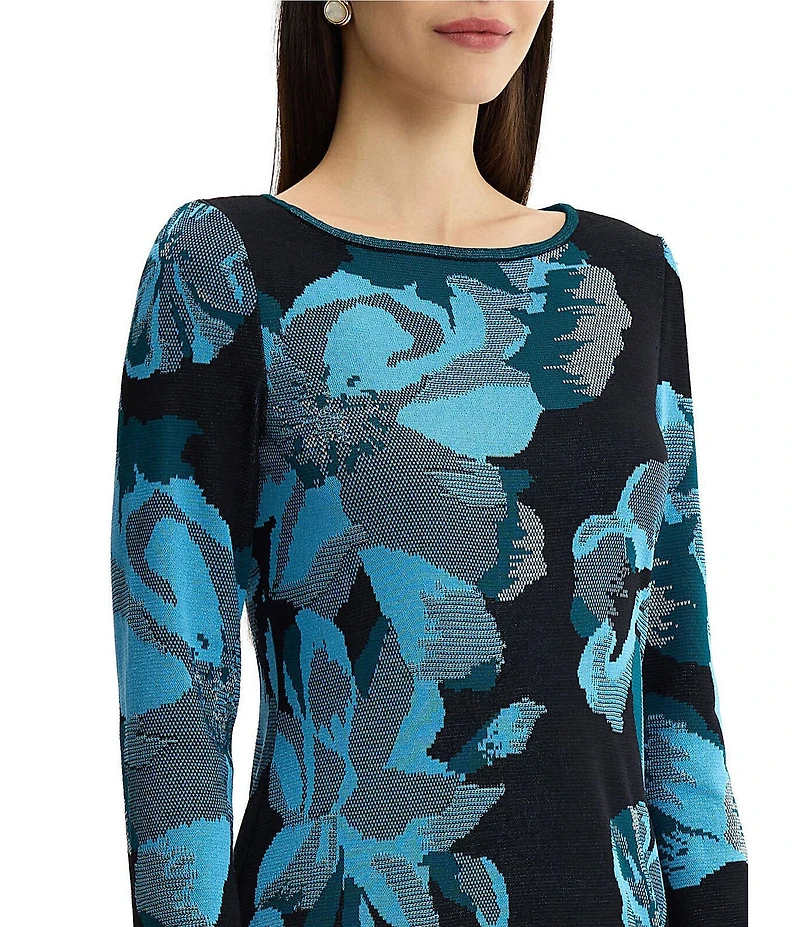 Ming Wang Petite Size Floral Jacquard Knit Boat Neck Long Sleeve Sheath Dress