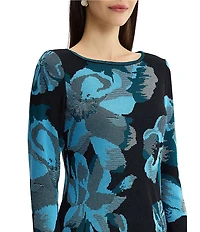 Ming Wang Petite Size Floral Jacquard Knit Boat Neck Long Sleeve Sheath Dress