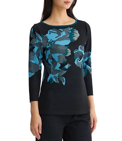 Ming Wang Petite Size Floral Jacquard Knit Crew Neck Bracelet Sleeve Coordinating Tunic